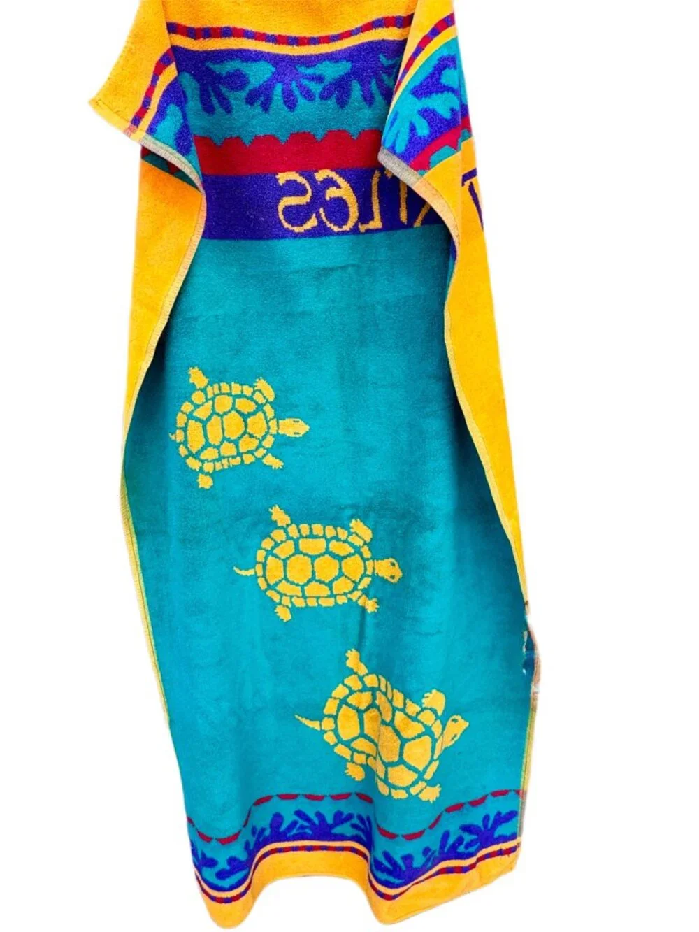 Vtg Banana Club Beach Towel Turtles Brazil Cotton 80s 90s Yellow Turquoise 31x56